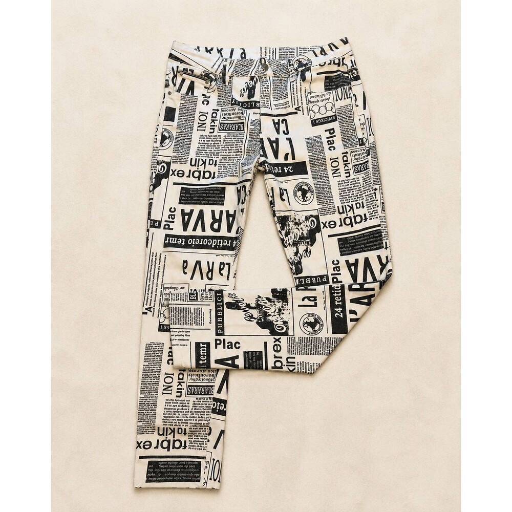 Newspaper Print Skinny Jeans Size 32 Black White Stretch Y2K Graphic Pants